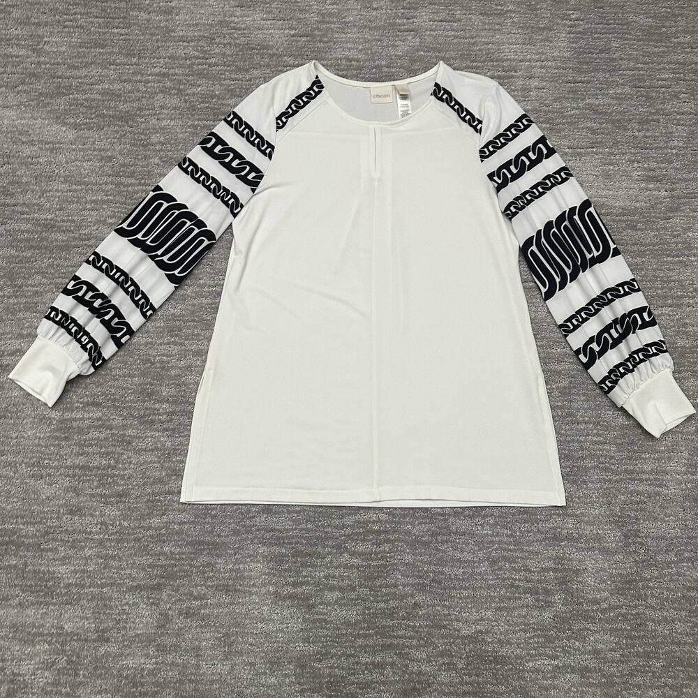 Chico's Shirt Womens 1 White Black Chain Print Balloon Puff Sleeve Stretch Top